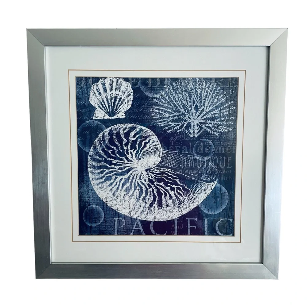 Navy Nautilus Shell brushed silver framed pictures set of two Made in the USA